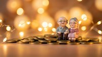 Elderly couple figurines sitting on golden coins with warm bokeh lights background representing retirement savings and financial security planning.