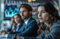 Professional businesswoman leading corporate meeting with diverse team analyzing financial data and market trends in modern office boardroom.