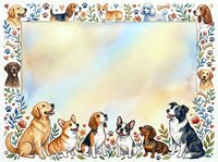 Dog breeds frame with watercolor floral border, isolated on white background. Perfect for pet-related designs, greeting cards, invitations, posters, and animal-themed projects.