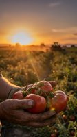 Farmer hands holding fresh ripe tomatoes at sunset in agricultural field with tractor background for organic farming and harvest concepts.