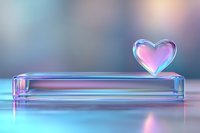 Glowing heart shape floating above glass platform with pink and blue gradient lighting creates romantic atmosphere on blurred background.