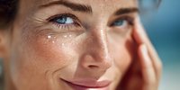 Close-up portrait of woman with freckles and blue eyes, wearing decorative white dots under eye, smiling gently against blurred blue background.