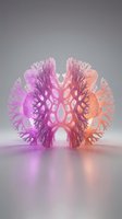 Abstract coral-like sculpture with intricate lattice pattern illuminated by vibrant pink and orange gradient lighting on reflective surface.