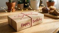 Kraft paper birthday gift box tied with red and white twine on wooden table, with bokeh fairy lights and muffins in background.