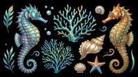 Colorful seahorses, coral, seashells, starfish, and seaweed clipart set isolated on transparent background, ready for t-shirt design, stickers, and print on demand.