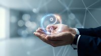 Businessman holding glowing yin yang symbol in hands against blurred office background, representing balance, harmony, and duality in business strategy and wellness.