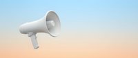 White megaphone loudspeaker against gradient sky background for communication marketing and announcement campaigns.