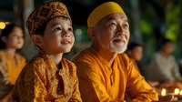 Young Asian boy and elderly man in traditional orange Buddhist robes sitting together during evening ceremony with lit candles, creating spiritual atmosphere.