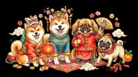 Cute dogs wearing festive Asian-inspired clothing with lanterns and autumn decorations, isolated on transparent background. Ready for t-shirts, stickers, clipart, sublimation and print-on-demand designs.
