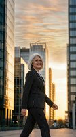 Confident mature businesswoman in pinstripe suit walking through downtown financial district at golden hour sunset with modern skyscrapers in background.