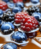 Fresh raspberries and blueberries with water drops on reflective surface create artistic food composition with natural light and selective focus.