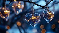 Glowing heart-shaped glass ornaments hanging against dark blue background with soft bokeh lights creating romantic magical atmosphere for Valentine's Day decor.