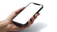 Hand holding modern smartphone with blank white screen mockup isolated on white background for app presentation and mobile technology display.