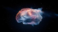 Ethereal brain-shaped nebula glowing with pink and blue cosmic gases against starry space background, representing mind, consciousness and intelligence.