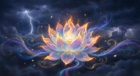 Mystical lotus flower glowing with ethereal flames against stormy sky with lightning bolts. Spiritual meditation symbol with magical energy swirls and sparks.