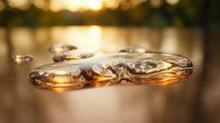 Golden liquid puddle with reflective surface on wooden table, warm sunset bokeh background, macro close-up with rich amber tones and light refractions.