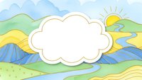 Watercolor landscape with blank cloud frame for text over rolling hills, winding river, mountains and sun rays. Perfect for greeting cards and design projects.