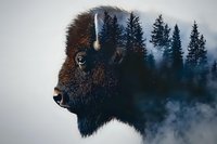 Majestic bison head profile merged with misty pine forest landscape in double exposure effect, creating mysterious wildlife art composition in blue tones.