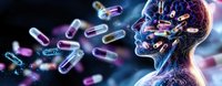 Futuristic medical concept showing glowing capsules floating around translucent human head profile with neural connections, representing pharmaceutical advancement.