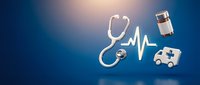 Floating medical icons including stethoscope, heartbeat line, medicine bottle and ambulance on blue background for healthcare design.