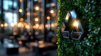 Glowing recycle symbol on green ivy wall with bokeh lights in background creates atmospheric sustainability concept for environmental messaging.