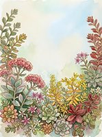 Watercolor botanical frame with colorful succulents and wildflowers on textured paper background for greeting cards and wedding invitations.
