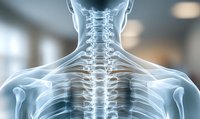 X-ray view of human spine and shoulder bones showing detailed vertebrae and skeletal structure against blurred medical office background for orthopedic and medical use.