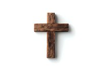 Rustic wooden cross isolated on white background, symbolizing faith, spirituality, and religious devotion for worship or memorial design.
