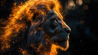 Majestic lion head profile with glowing fire mane effect against dark starry background, dramatic orange and blue color contrast creates mystical fantasy artwork.