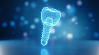 Digital tooth implant hologram with wireframe structure on blue medical background for dental technology and healthcare innovation concepts.