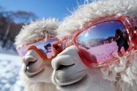 Funny llama wearing pink ski goggles with reflection of snowy mountains and skier, close up of animal face with white fur against winter landscape background.