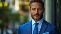 Confident businessman in blue suit and tie standing outdoors with modern office buildings in background, professional corporate executive portrait.