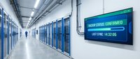 Modern data center corridor with server racks and digital monitoring display showing backup status confirmation for cloud computing infrastructure.