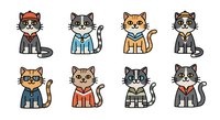 Cartoon cats wearing colorful outfits and accessories in various poses. Isolated clipart collection ready for design projects, merchandise, and creative applications.