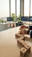 Businessman arranging wooden blocks with cryptocurrency symbols on office desk with trading charts on computer monitors in modern workspace.