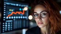 Young woman with glasses and red hair analyzing financial data on computer screen in dark office environment with glowing charts and graphs.