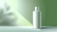 White cosmetic bottle on green background with soft shadow and light effects. Minimalist product photography for beauty and skincare packaging mockup.