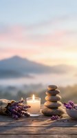 Zen spa stones balanced with burning candle and lavender flowers on wooden table at sunset for meditation and wellness relaxation therapy.