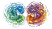 Abstract swirling energy forms in vibrant colors creating dynamic circular patterns on white background for modern design projects.