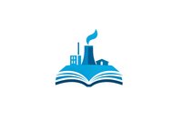 Blue industrial factory silhouette rising from open book pages, symbolizing knowledge and education about manufacturing and environmental topics.