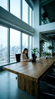 Woman working on laptop at wooden desk in modern high-rise office with floor-to-ceiling windows overlooking city skyline, potted plants, contemporary workspace design.