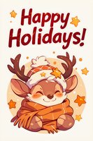 Cute cartoon reindeer wearing winter hat and scarf surrounded by stars with Happy Holidays text, drawn in warm orange and brown tones for seasonal greetings.