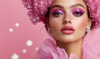 Young woman with pink curly hair, glitter makeup, and bright magenta eyeshadow wearing tulle collar against pink background. Fashion beauty portrait with creative styling.