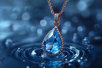 Elegant teardrop pendant with blue topaz gemstone on rose gold chain creating ripples in water against dreamy bokeh background. Luxury jewelry photography.