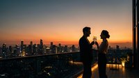 Silhouette of man and woman toasting with champagne glasses on high-rise balcony at sunset, city skyline glowing in background. Romantic celebration scene.