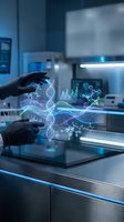 Scientist in laboratory examining DNA helix and data analytics with glowing holographic visualization on digital interface for biotechnology research.