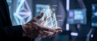 Businessman hand holding holographic digital padlock with security network connections floating above palm in futuristic cyber technology environment.