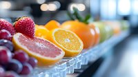 Close-up of fresh raspberries and sliced citrus fruits arranged in a row with water droplets, ideal for food and beverage marketing.
