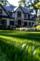 Lush green manicured lawn in foreground with luxury suburban house blurred in background, sunlight highlighting grass blades, purple flowers along garden bed.