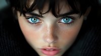 Close-up portrait of young woman with intense blue eyes, dark hair, and freckles looking directly at camera against dark background.